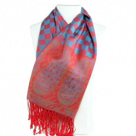 Echarpe Pashmina Hayal rouge groseille et bleu, décor ethnique