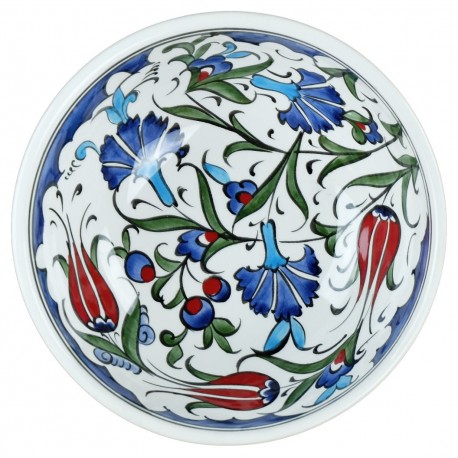 Vaisselle artisanale, Bol en faïence Iznik Ceylan avec fleurs bleues et rouges 