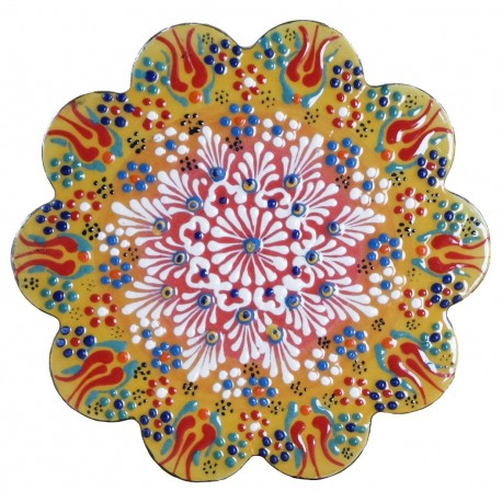 Dessous de plat oriental ottoman jaune Kuzey avec motifs floraux et géométriques (style Céramique en Relief)