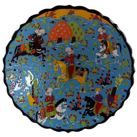 Assiette décorative de collection en céramique Avla bleu 30cm avec nobles en partie de chasse