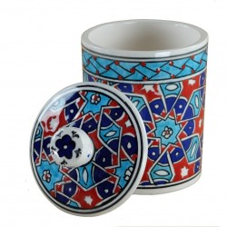 Pot à épices oriental Seldjouk 10cm, décor géométrique bleu et rouge