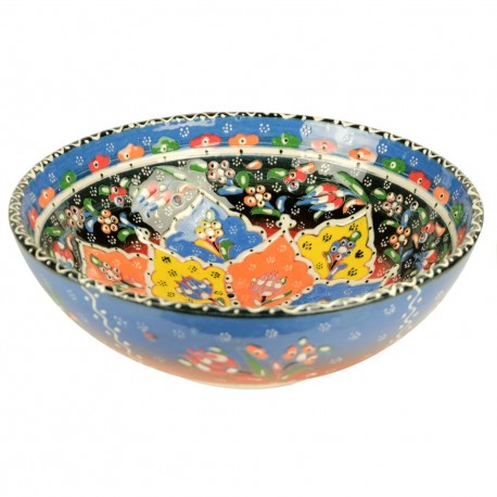 Bol coloré décoratif Hayri Bleu 25cm, poterie turque aux motifs ethniques fleuris multicolores
