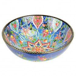 Bol ethnique coloré Veslan Bleu 20cm, poterie turque décorée de fleurs