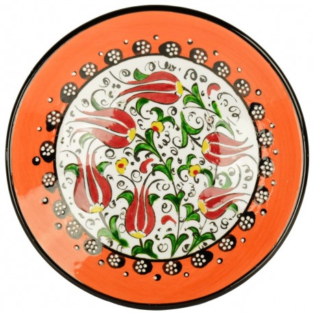 Assiette orange artisanale Kiraz 18cm en céramique orientale décorée de fleurs ottomanes