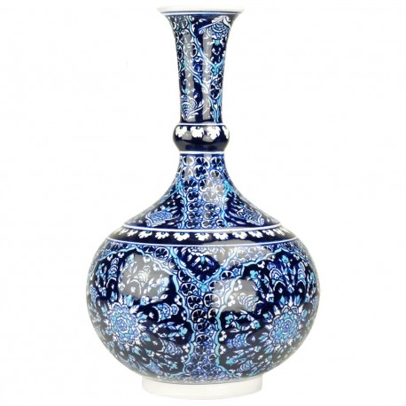 Soliflore bleu Bora 30cm, Vase à col étroit décoré d'oeillets