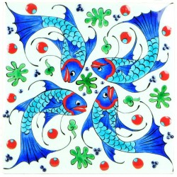 Carreau d'artisanat d'art Balik blanc 20x20 avec poissons (céramique de style Iznik)