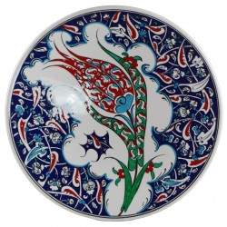 Plat iznik Filiz 30cm, céramique d'art décorée d'une tulipe