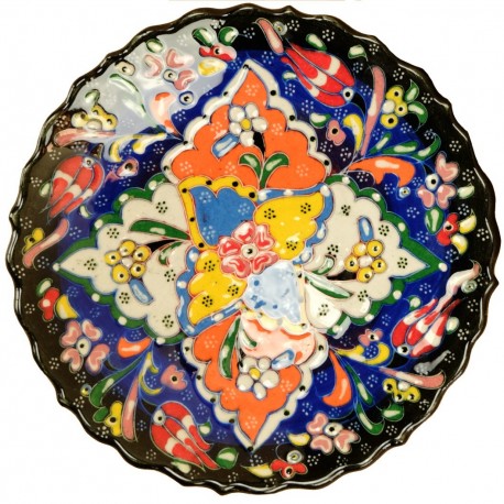 Assiette décorative murale Selin Bleue 18cm, céramique avec motifs foraux en relief