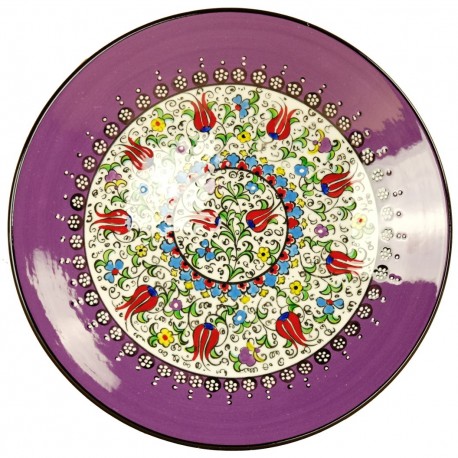 Vaisselle orientale, assiette violette Elmas 25cm décorée de motifs fleuris (tulipes...)