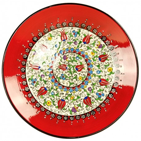 Assiette en poterie artisanale rouge Elmas 25cm décorée de fleurs (style Millenium)