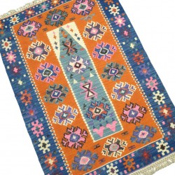 Petit tapis oriental de chambre orange et bleu C40