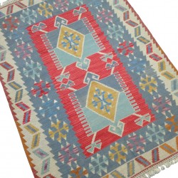 Tapis Bleu Pastel et Rouge, Kilim Turc Rectangulaire S23