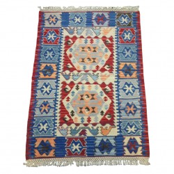 Petit tapis d'Anatolie, kilim rouge et bleu C37