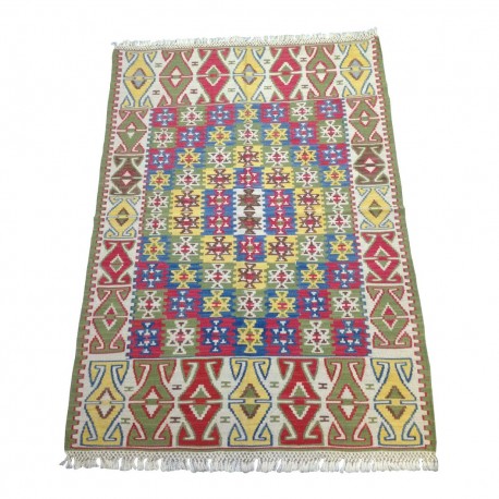 Tapis Kilim Ancien Décoratif Jaune, Vert Olive, Rouge, Bleu... S18