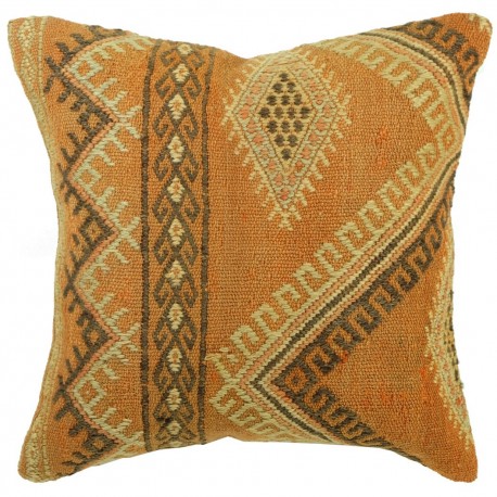 Coussin kilim orange Kolon C029 décoré de motifs ethniques en surpiqure (djidjim)