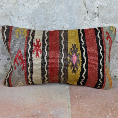 Coussin ethnique coloré en kilim anatolien, Lumbar D059