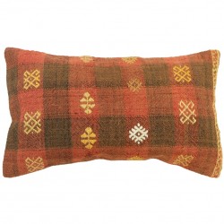 Housse de coussin en kilim Lumbar C016 avec motifs tribaux jaunes sur fond rouge